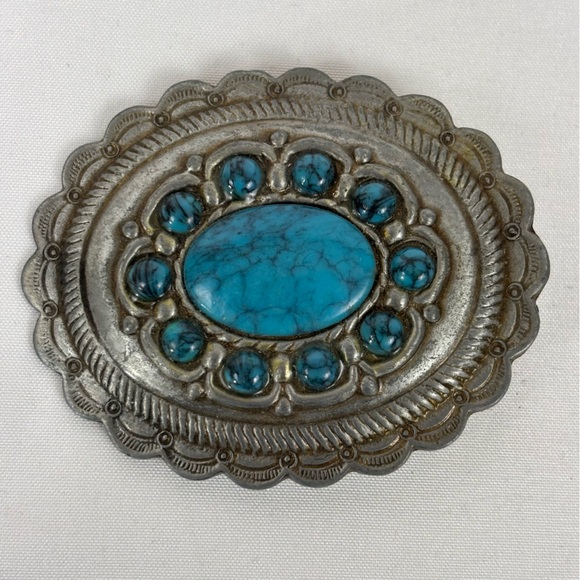 Accessories - Vintage Belt Buckle Faux Turquoise Western Southwestern Boho Silver Metal Oval